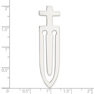 Sterling silver cross bookmark next to a ruler, about 2 inches long