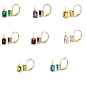 Grid of 14k yellow gold emerald-cut leverback earrings in eight stone colors