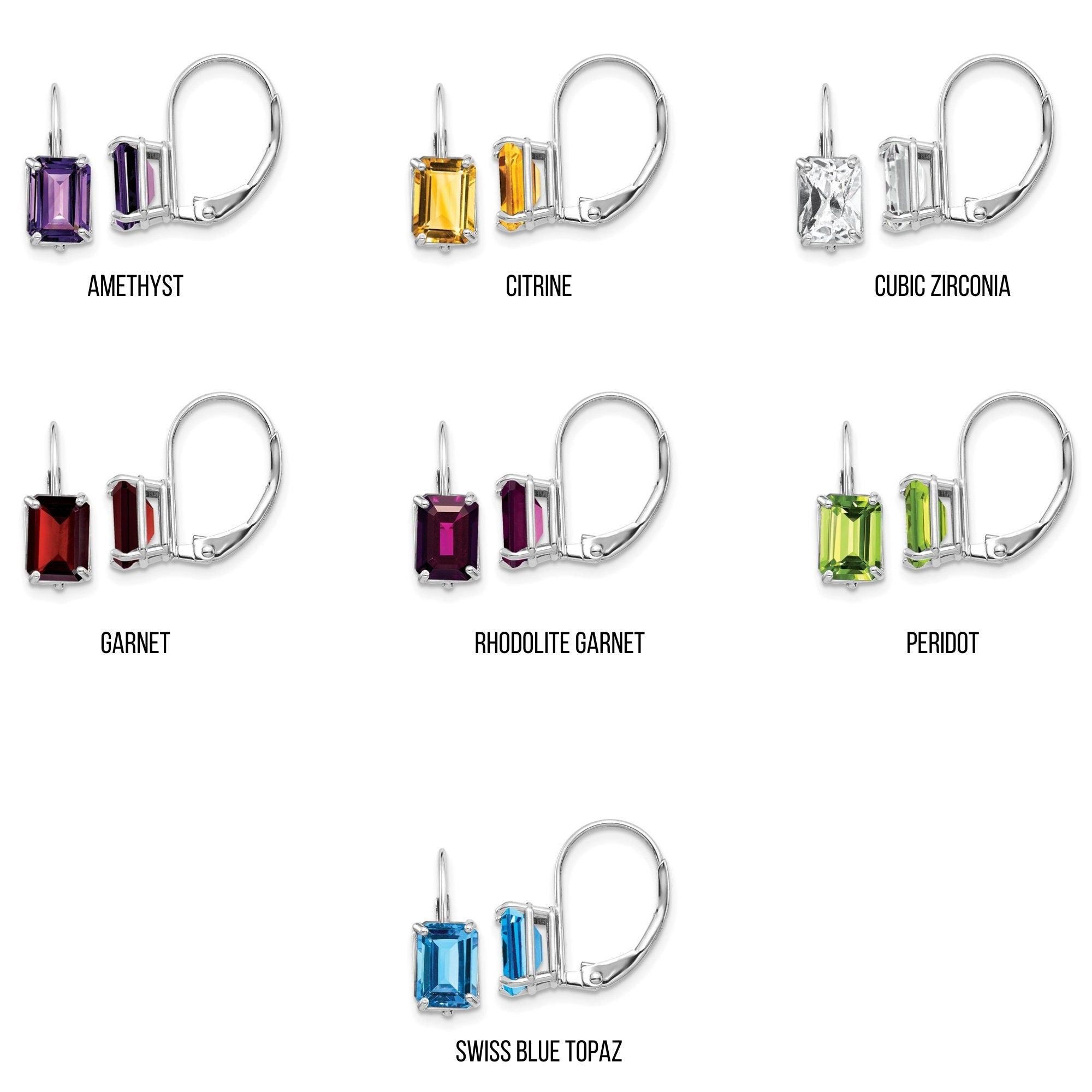 14k Gold Emerald-Cut Birthstone Leverback Earrings  Handset Gemstones in Yellow or White Gold  Custom Made to Order