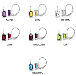 Chart of 14k white gold emerald-cut leverback earrings labeled amethyst, citrine, cubic zirconia, garnet, rhodolite garnet, peridot and Swiss blue topaz
