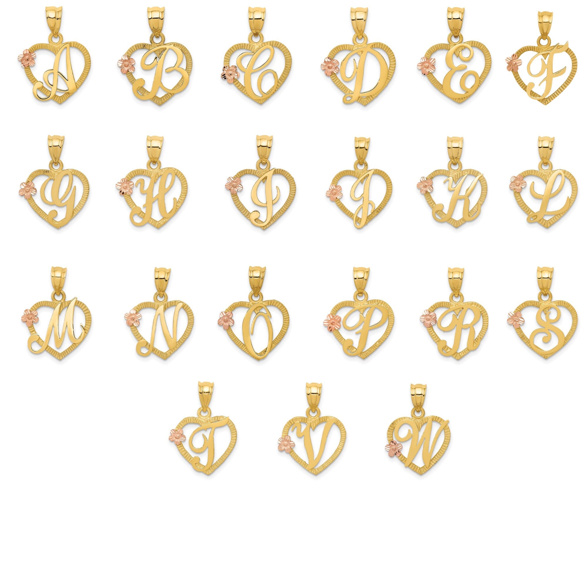 14K Yellow and Rose Gold Heart Initial Pendant for Women - Diamond-Cut Textured Solid Gold Charm - A-Z Letters - Personalized Jewelry Gift
