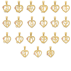 Chart of all available script initials for the 14k gold open heart pendant