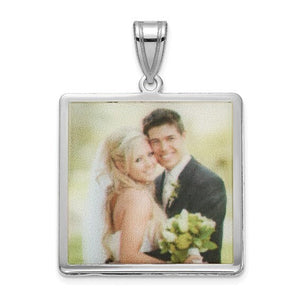 Sterling silver square photo pendant printed with a full color wedding photo