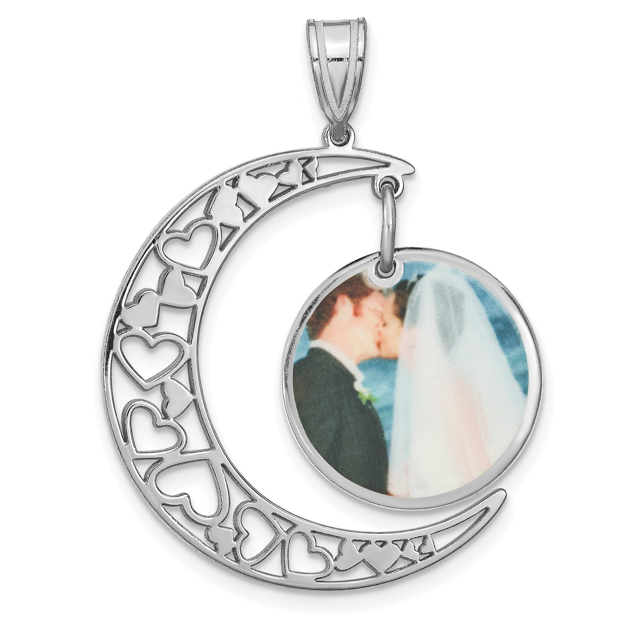 Moon with Hearts with Dangling Photo Frame Picture Pendant - 925 Sterling Silver or Gold Plated