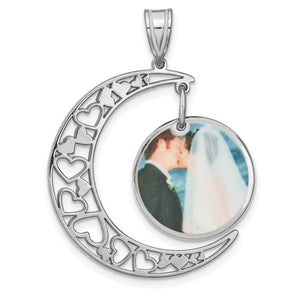 Sterling silver crescent moon pendant with heart cut-outs and a dangling round color wedding photo