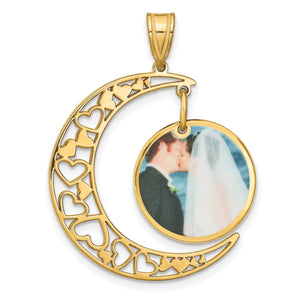 Gold plated crescent moon pendant with open heart cut-outs and a dangling round color photo