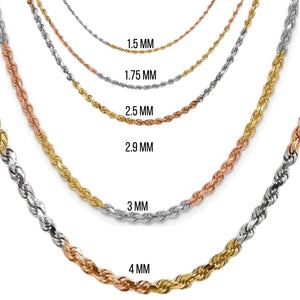 Tri-color rope chains labeled by width: 1.5, 1.75, 2.5, 2.9, 3 and 4mm