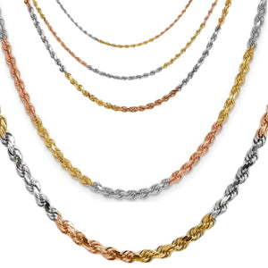 Stacked 14k tri-color rope chains showing sections of yellow, white and rose gold