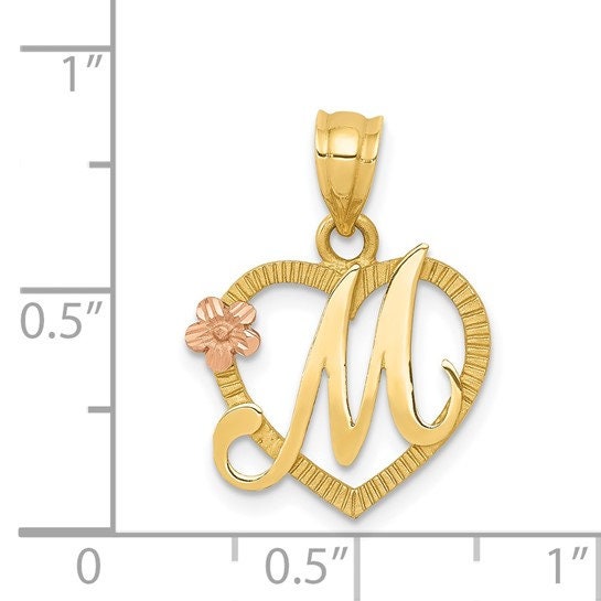 14K Yellow and Rose Gold Heart Initial Pendant for Women - Diamond-Cut Textured Solid Gold Charm - A-Z Letters - Personalized Jewelry Gift