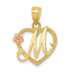 14k yellow gold open heart pendant with a script M initial, diamond-cut textured edge and rose gold flower