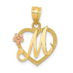 14K Yellow and Rose Gold Heart Initial Pendant for Women - Diamond-Cut Textured Solid Gold Charm - A-Z Letters - Personalized Jewelry Gift