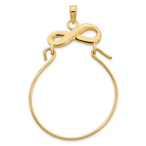 Infinity 14K yellow gold charm holder pendant on a white background