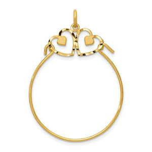 Double heart 14K yellow gold charm holder pendant on a white background