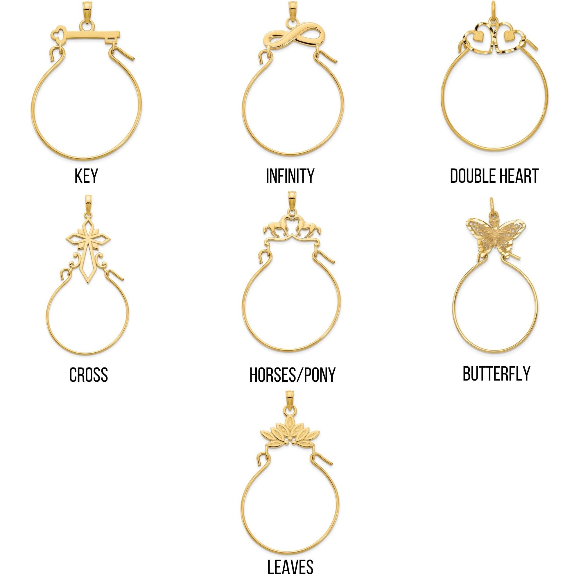 14K Gold Charm Holder Pendant  Butterfly, Cross, Heart Key & More  40mm Length  Fine Jewelry for Charms  Multiple Design Options