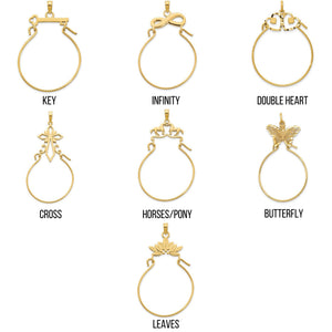 Labeled chart of the seven charm holder designs: key, infinity, double heart, cross, horses, butterfly and leaves