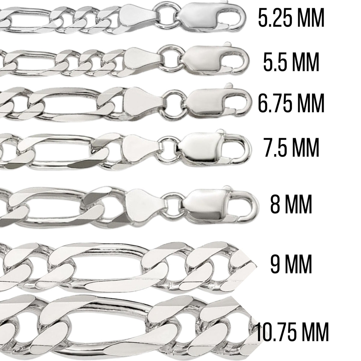 Sterling silver Figaro chain width chart, 5.25mm to 10.75mm, with lobster clasps