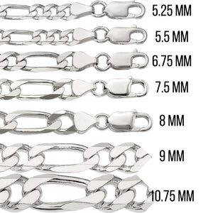 Sterling silver Figaro chain width chart, 5.25mm to 10.75mm, with lobster clasps