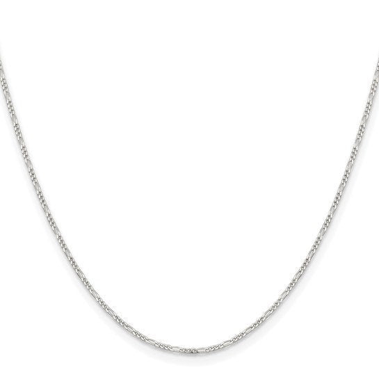Fine sterling silver Figaro chain hanging in a V shape on white