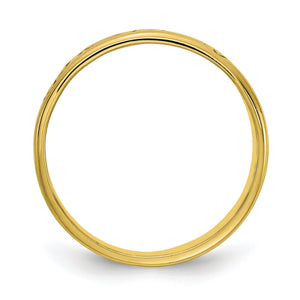 Profile view of the engraved gold band showing its flat shape