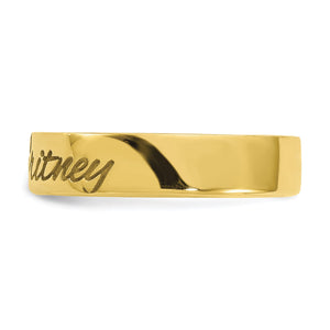 Angled view of a rose gold engraved name band