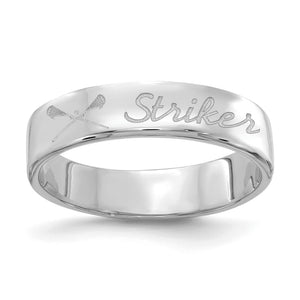 White gold flat band engraved with a name in script