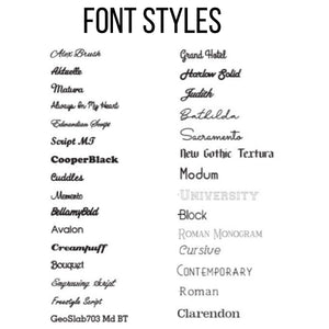Chart of available engraving font styles for the custom name ring