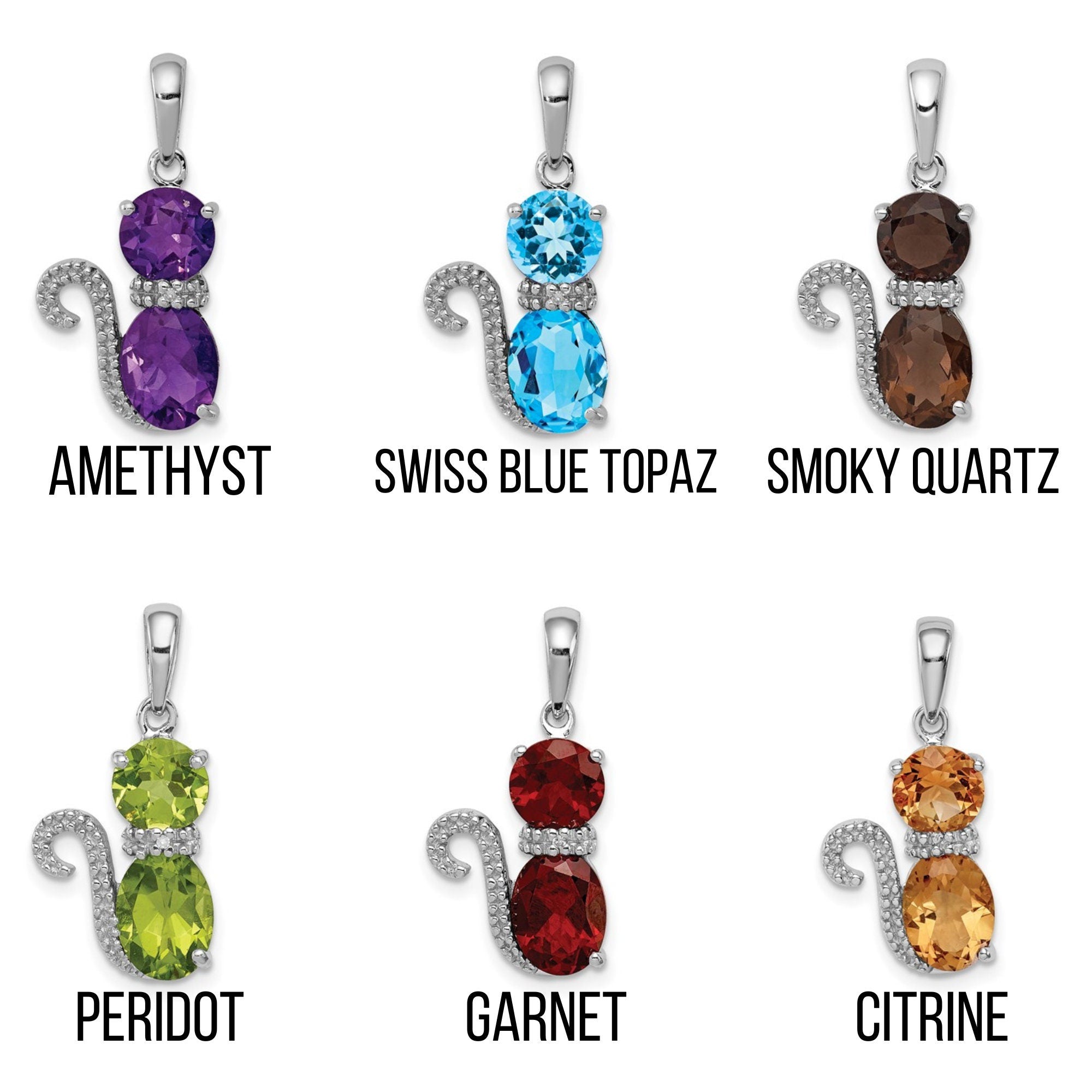 Sterling Silver Cat or Paw Pendant with Natural Gemstones - Amethyst, Citrine, Garnet, Peridot, Topaz - Pet Lover Gift