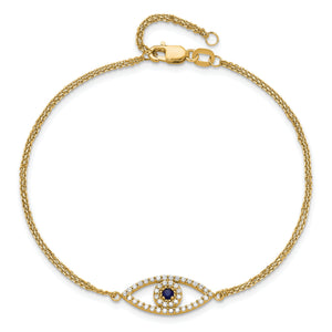 14K yellow gold evil eye bracelet in a circle with its lobster clasp and adjustable loop