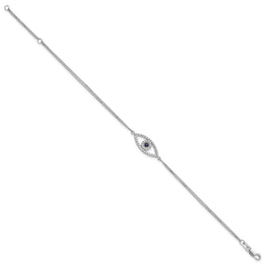 Full length view of the 14K white gold evil eye bracelet on a fine double chain