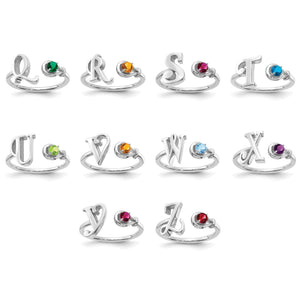 Sterling silver initial birthstone rings for the letters Q through Z