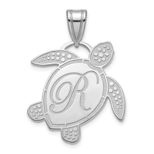 Sterling silver sea turtle initial pendant with a script letter R on the shell