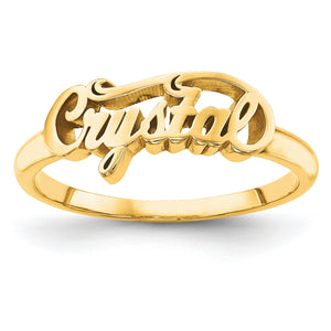 Cursive name ring shown in 14K gold