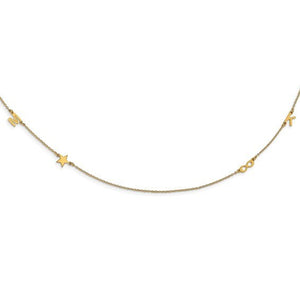 Gold necklace with small letter initials, a star, and an infinity symbol spaced along the chain