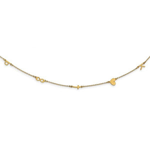 Gold initial symbol necklace with letters, infinity sign, cross, and heart spaced along a cable chain
