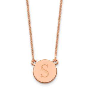 Rose gold circle disc necklace engraved with a block letter S on a fine cable chain
