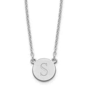 White gold circle disc necklace engraved with a block letter S on a fine cable chain