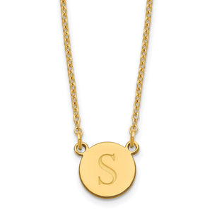 Yellow gold circle disc necklace engraved with a block letter S on a fine cable chain