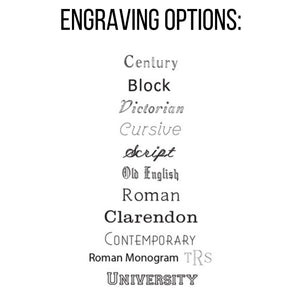 Engraving font chart with Century, Block, Victorian, Cursive, Script, Old English, Roman, Clarendon, Contemporary, Roman Monogram, and University