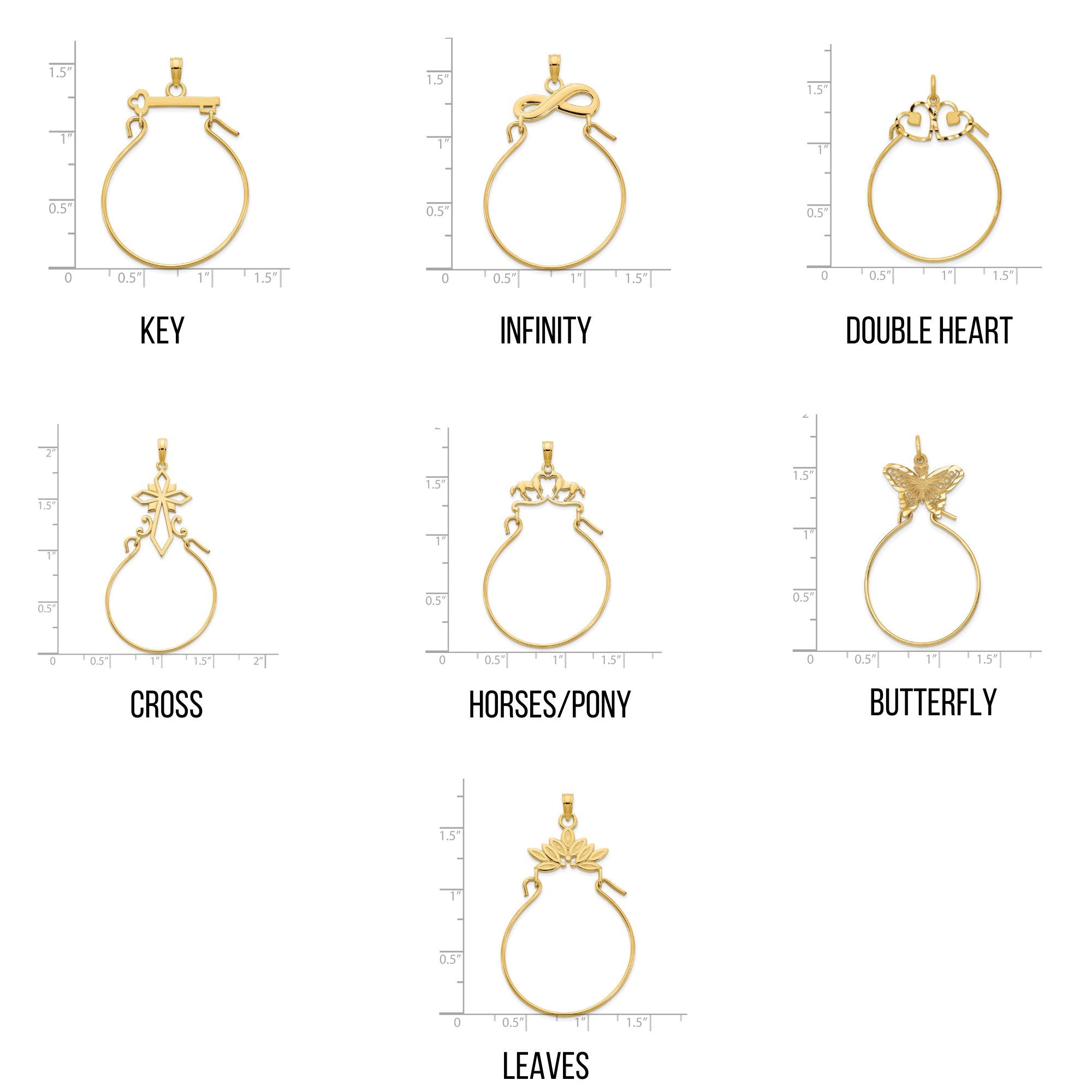 14K Gold Charm Holder Pendant  Butterfly, Cross, Heart Key & More  40mm Length  Fine Jewelry for Charms  Multiple Design Options