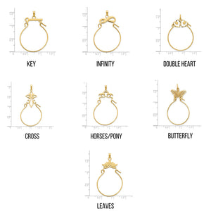 Size chart showing all seven 14K gold charm holder designs measured against a ruler
