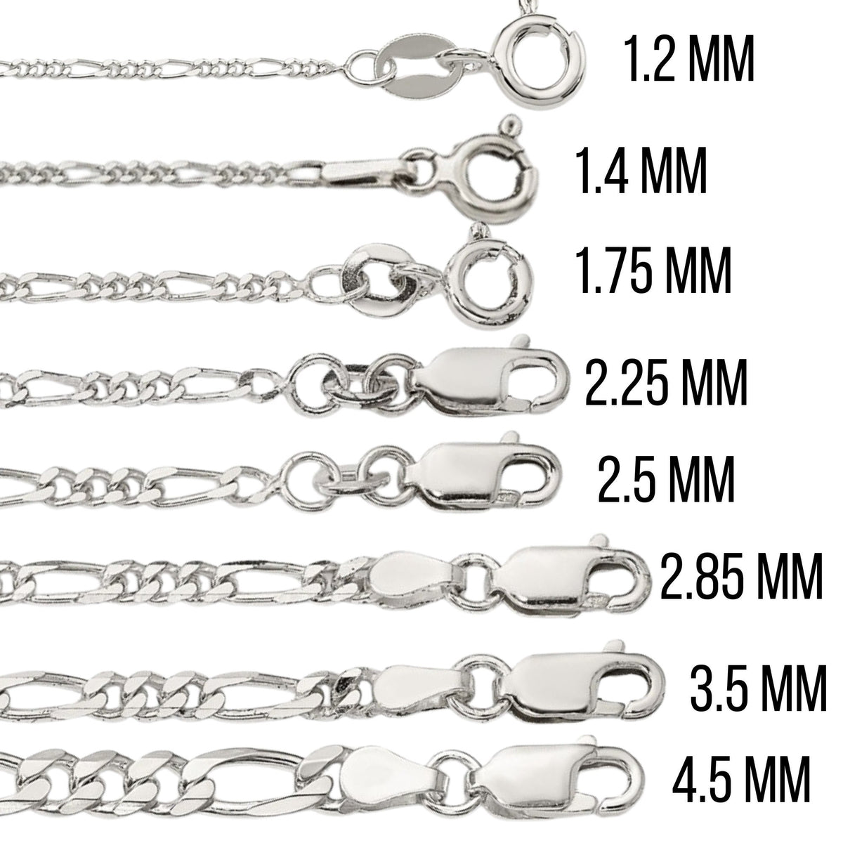 Sterling silver Figaro chain width chart, 1.2mm to 4.5mm, with clasps shown