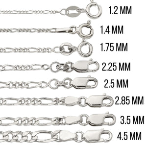Sterling silver Figaro chain width chart, 1.2mm to 4.5mm, with clasps shown