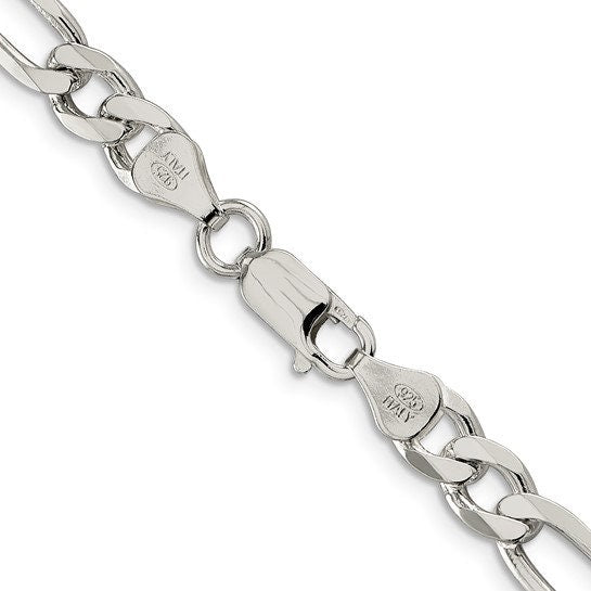 Close up of the lobster clasp and stamped clasp tag on a wide sterling silver Figaro chain