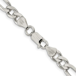 Close up of the lobster clasp and stamped clasp tag on a wide sterling silver Figaro chain