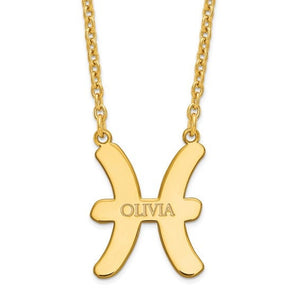 Yellow gold Pisces zodiac pendant engraved with the name OLIVIA on a cable chain, Gold Time