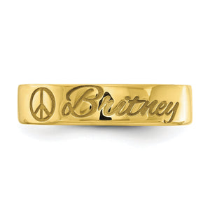 Top down view of a yellow gold engraved name band