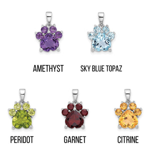 Paw pendant chart labeled amethyst, sky blue topaz, peridot, garnet and citrine