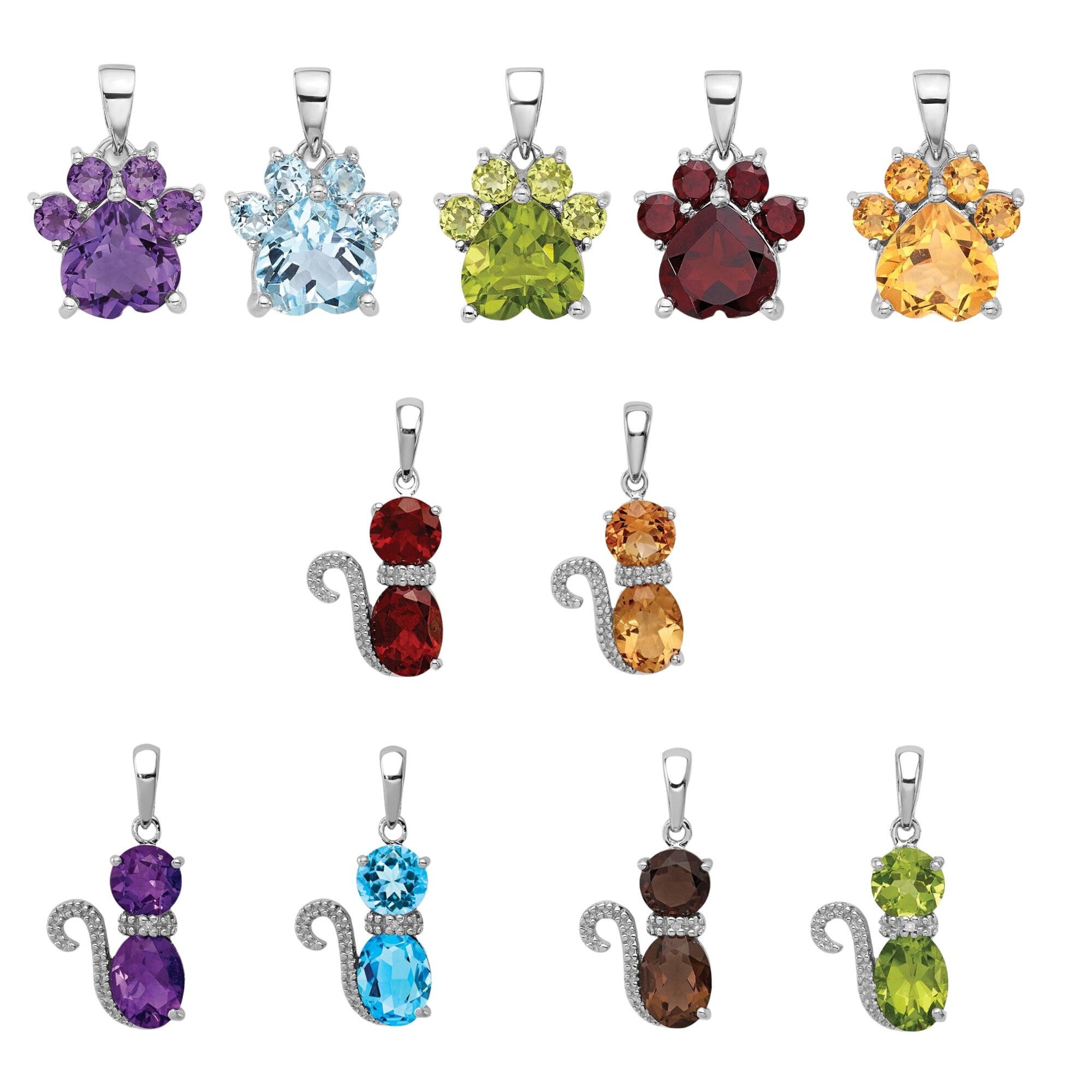 Sterling Silver Cat or Paw Pendant with Natural Gemstones - Amethyst, Citrine, Garnet, Peridot, Topaz - Pet Lover Gift
