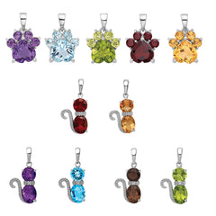 Sterling Silver Cat or Paw Pendant with Natural Gemstones - Amethyst, Citrine, Garnet, Peridot, Topaz - Pet Lover Gift