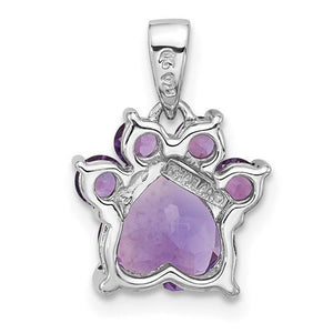 Sterling silver paw print pendant with a heart shaped amethyst center and four round amethyst toes